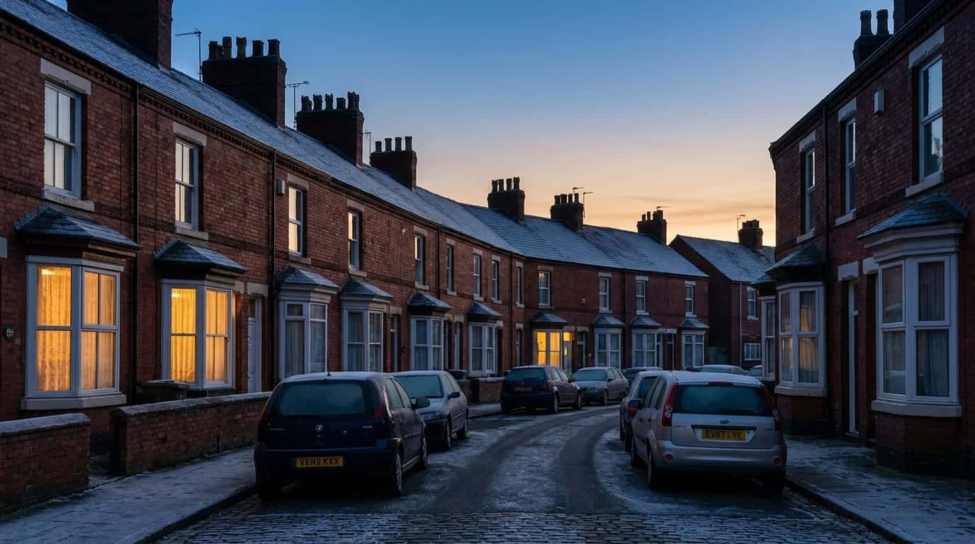 Red-brick British terraced street at dusk with warm light glowing from the windows