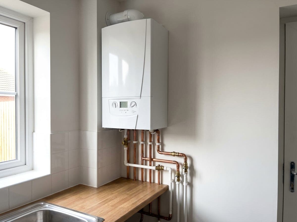 A brand new modern gas combi boiler freshly installed in a UK kitchen