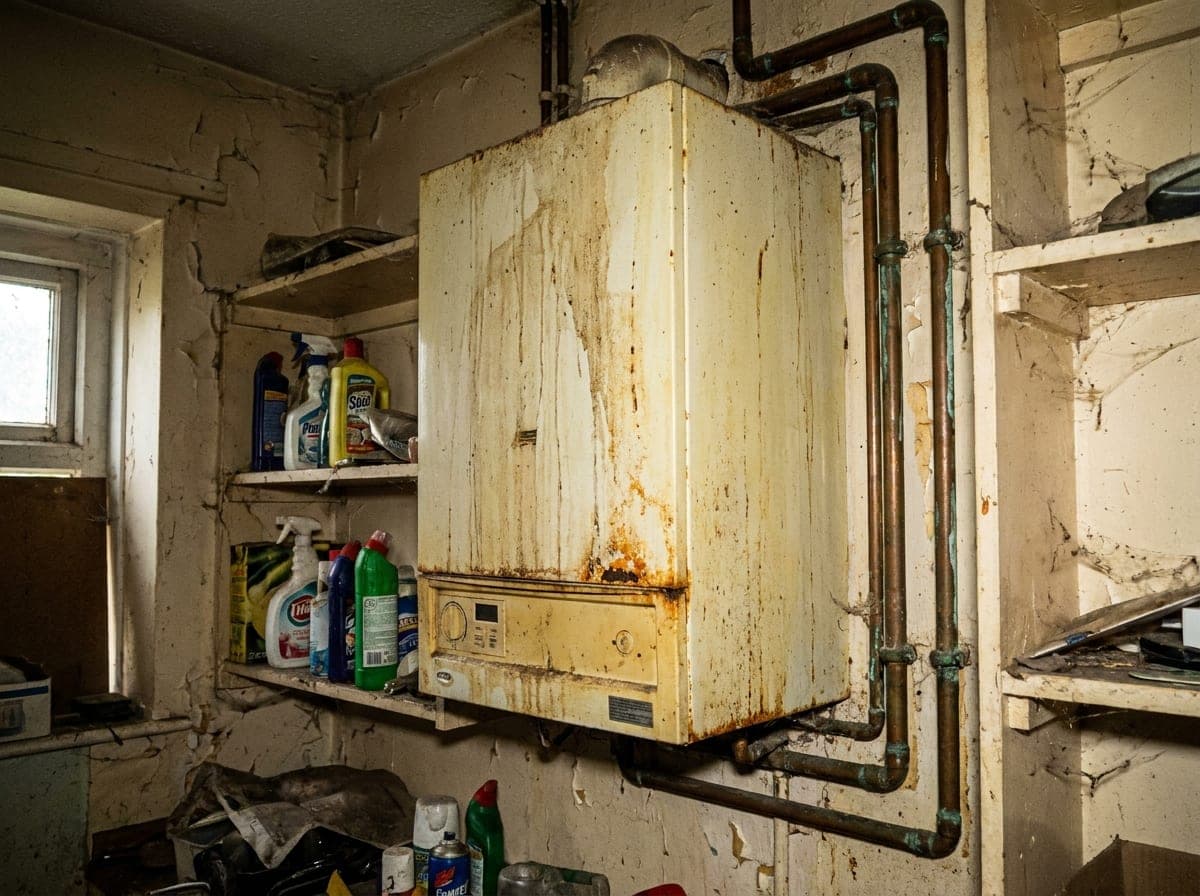 An old, rusty and grimy gas boiler in a UK home, the kind ECO4 replaces