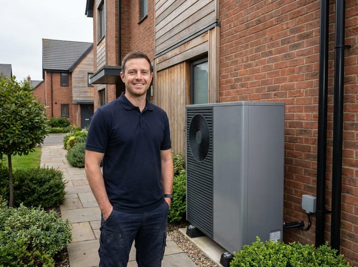 Friendly MCS-certified heating engineer standing beside a newly installed air source heat pump