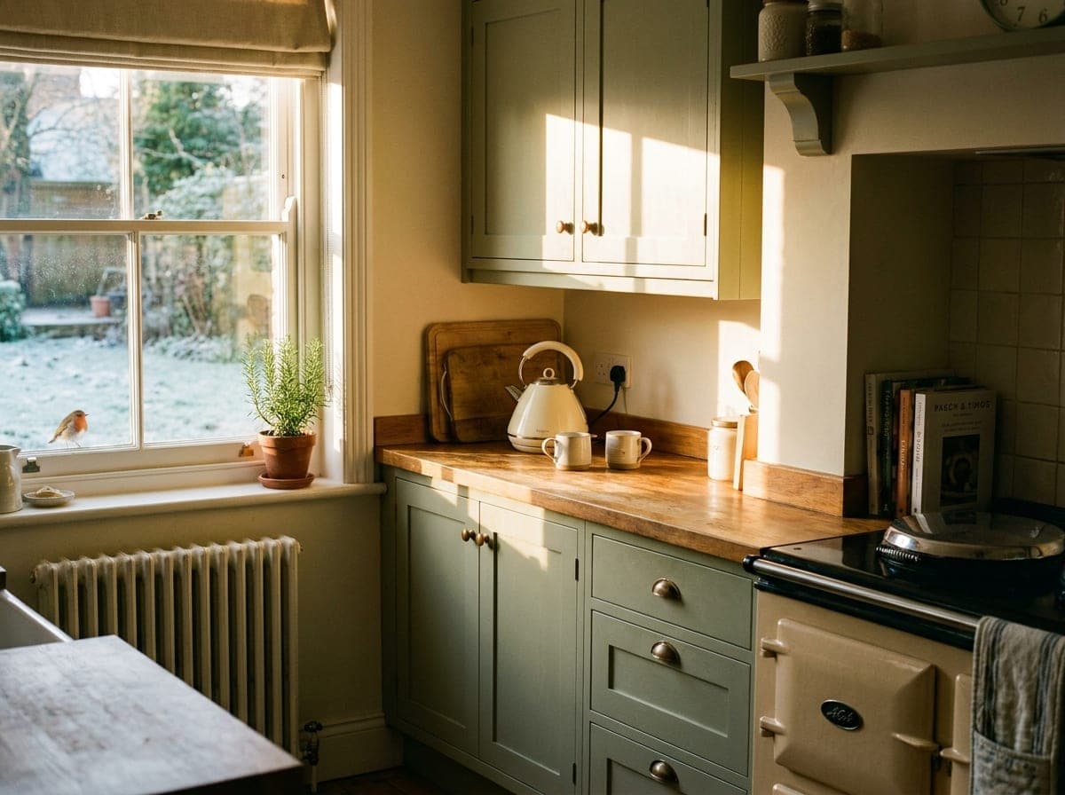 Lived-in British kitchen with the kettle on, a radiator under the window and warm morning light